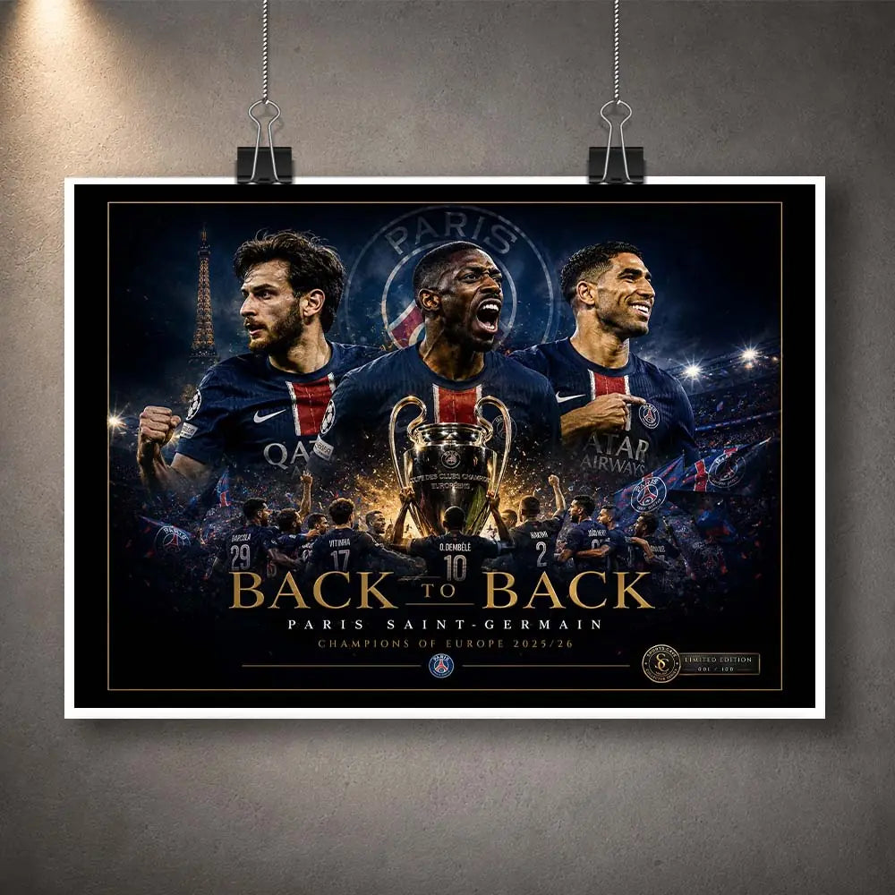 Unframed PSG Back To Back wall art print with black border, gold detailing and limited edition finish.