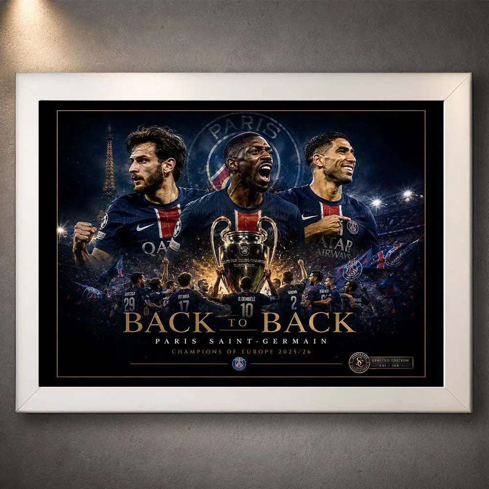 White framed PSG Back To Back wall art with clean premium frame and Paris Saint-Germain collector styling.
