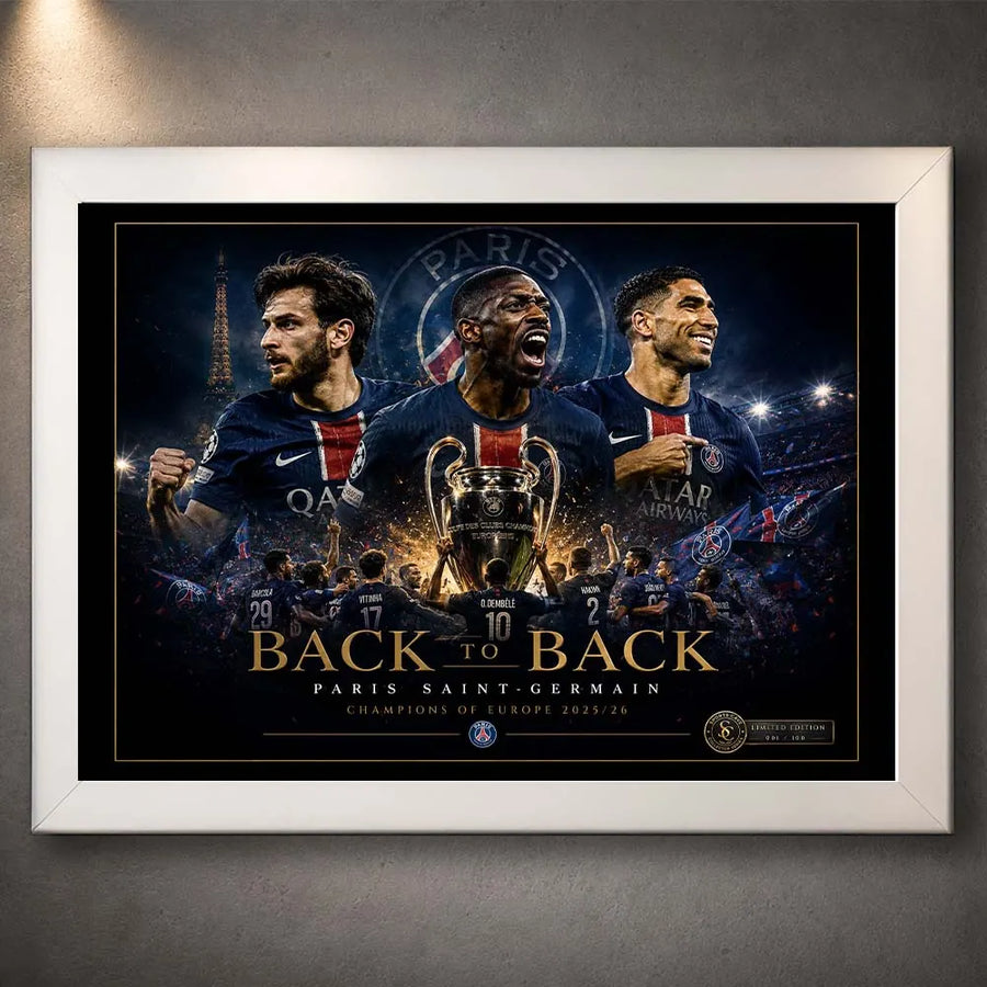 White framed PSG Back To Back wall art with clean premium frame and Paris Saint-Germain collector styling.