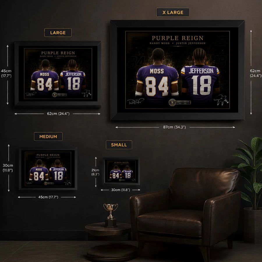 Purple Reign NFL wall art size guide showing Small, Medium, Large and XL dimensions in centimetres and inches.