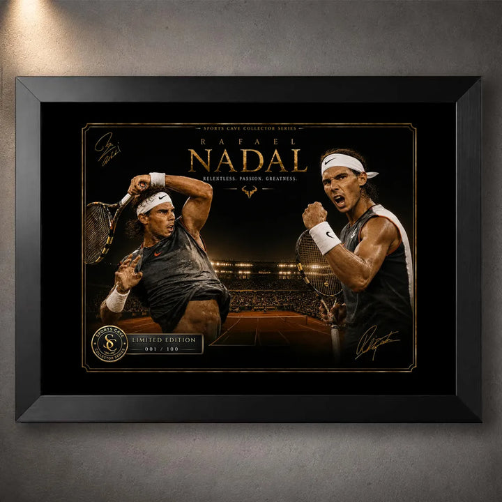 Rafael Nadal black framed tennis wall art with gold collector plaque and clay court championship scene.