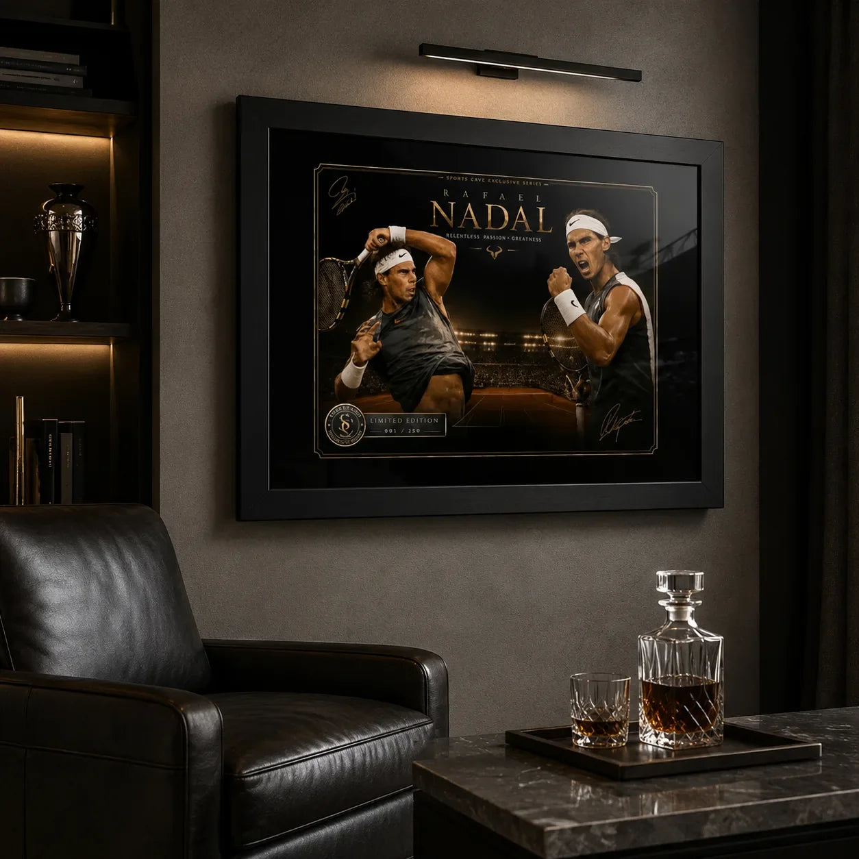 Rafael Nadal black framed tennis wall art hanging in a dark premium man cave with leather chair and collector styling.