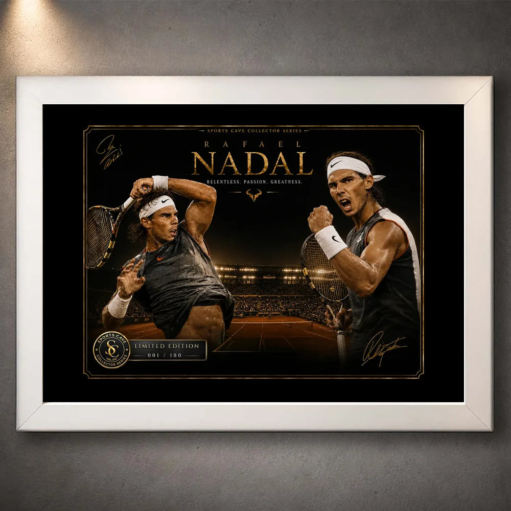 Rafael Nadal white framed tennis wall art featuring gold typography and clay court collector design.
