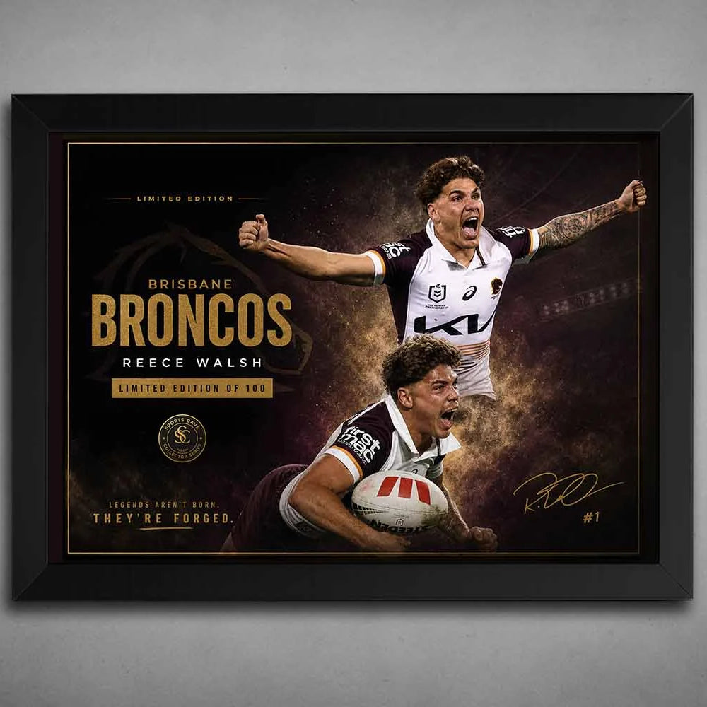 Reece Walsh Brisbane Broncos black frame artwork, limited edition sports prints capturing elite rugby league intensity