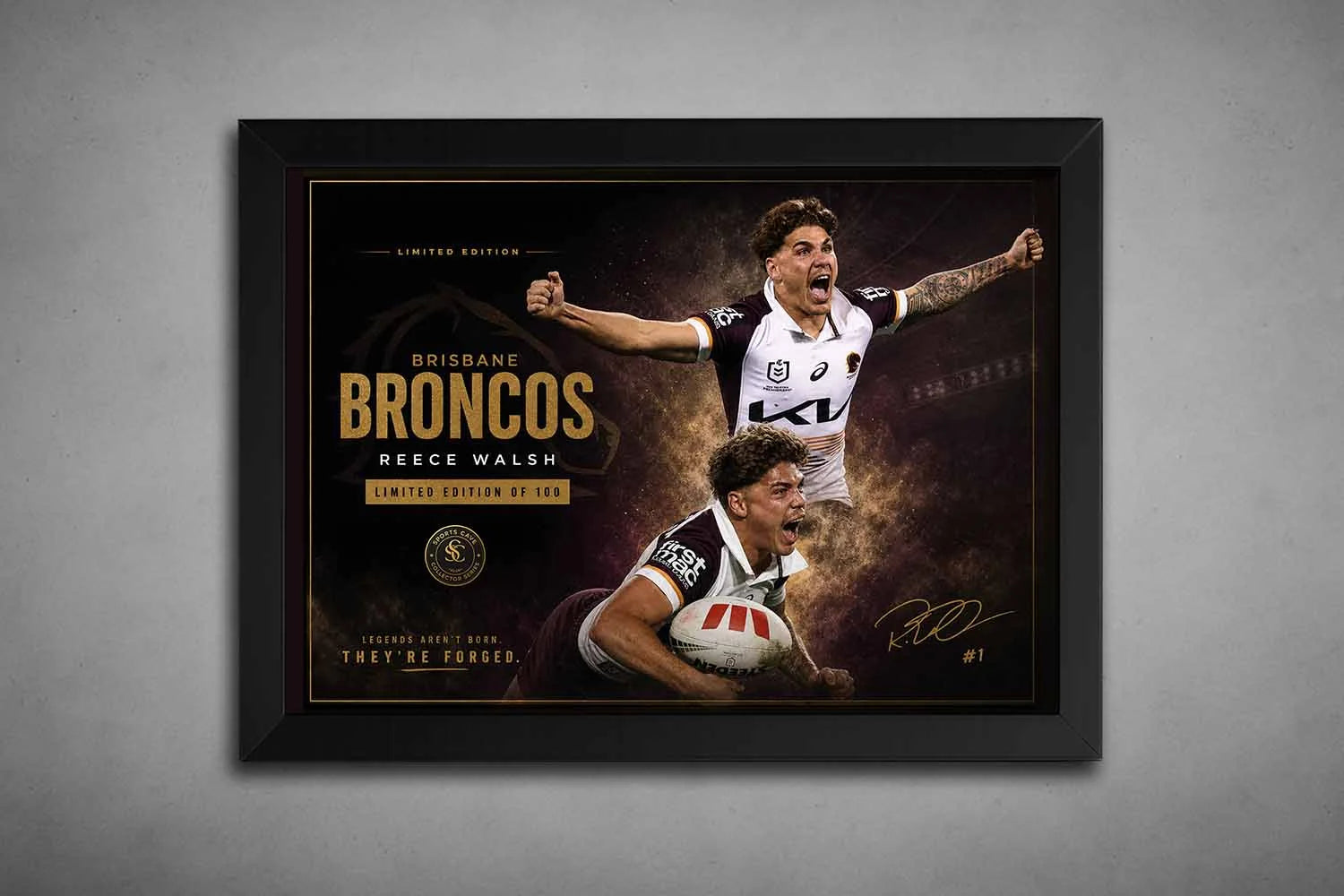 Reece Walsh Brisbane Broncos black frame artwork, limited edition sports prints capturing elite rugby league intensity