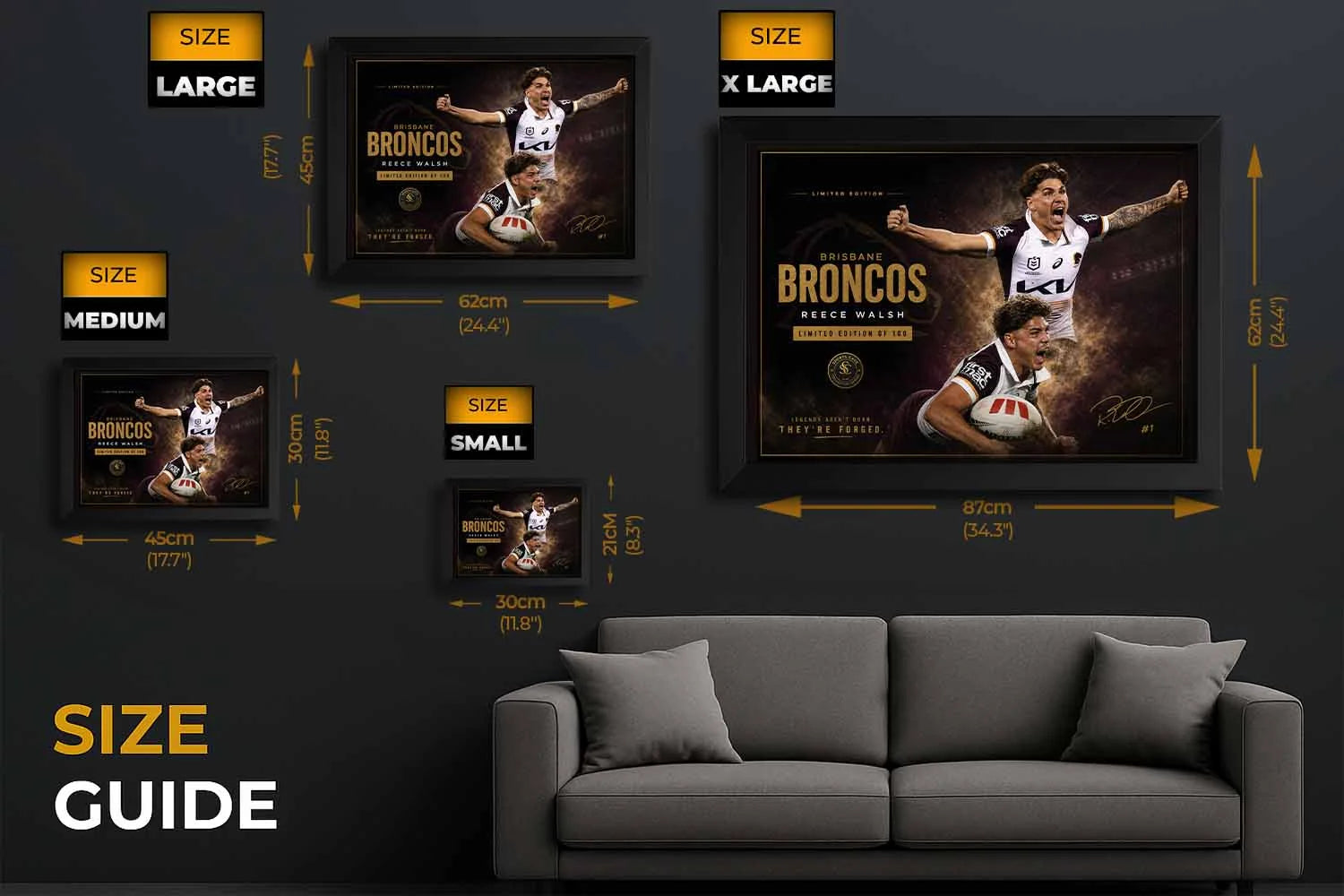 Reece Walsh Brisbane Broncos framed artwork size guide, premium sports collectibles showing multiple display options