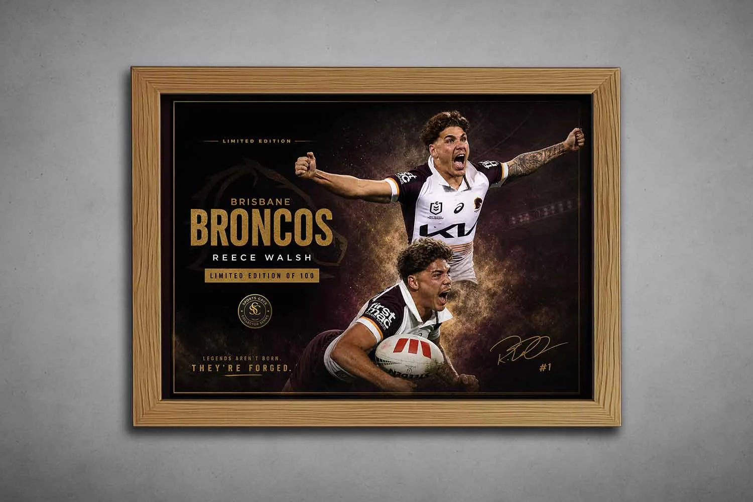 Reece Walsh Brisbane Broncos artwork in oak frame, framed sports art blending natural wood with rugby intensity