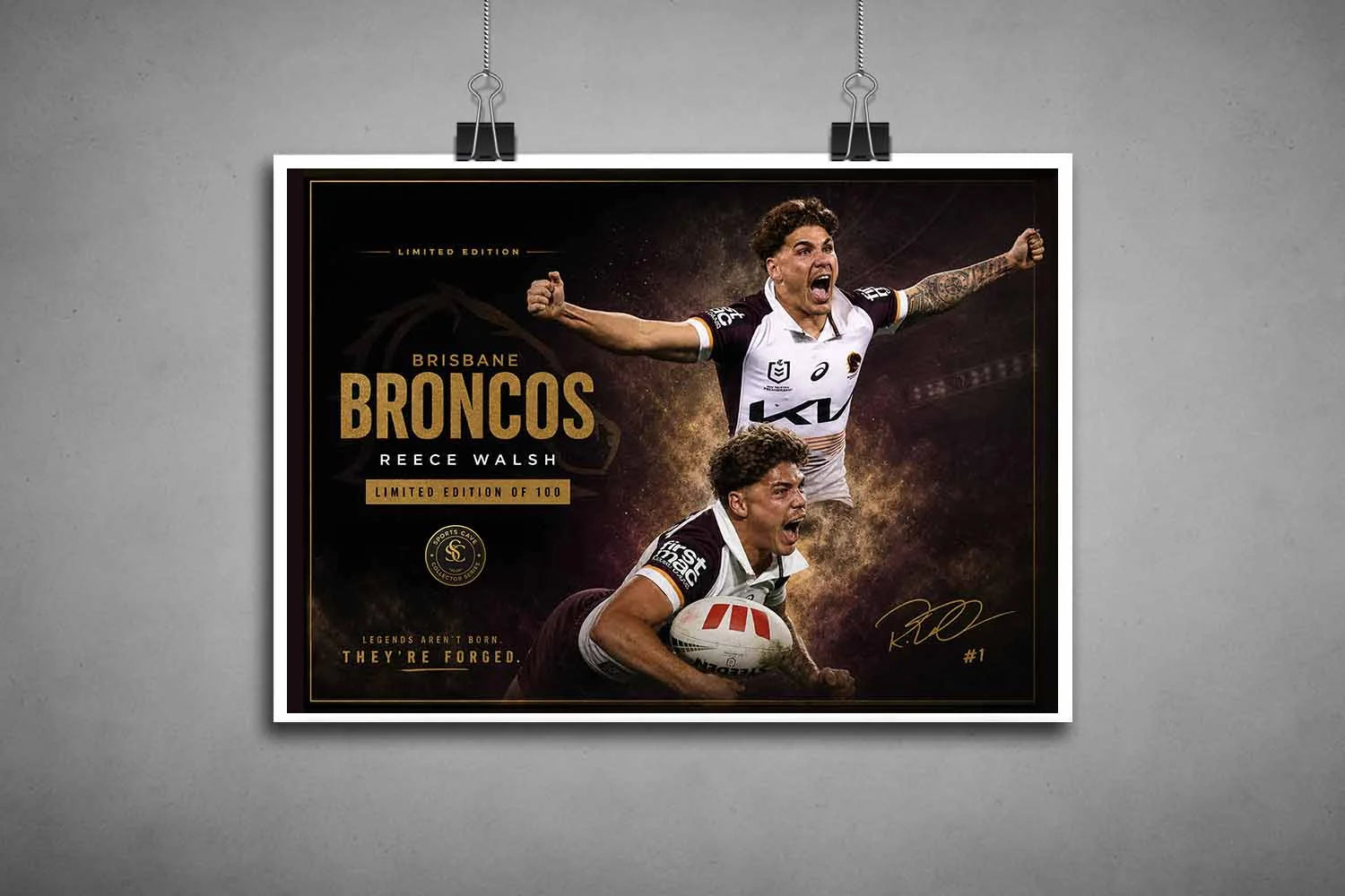 Reece Walsh Brisbane Broncos unframed print, high-quality sports art prints showcasing dynamic rugby league action