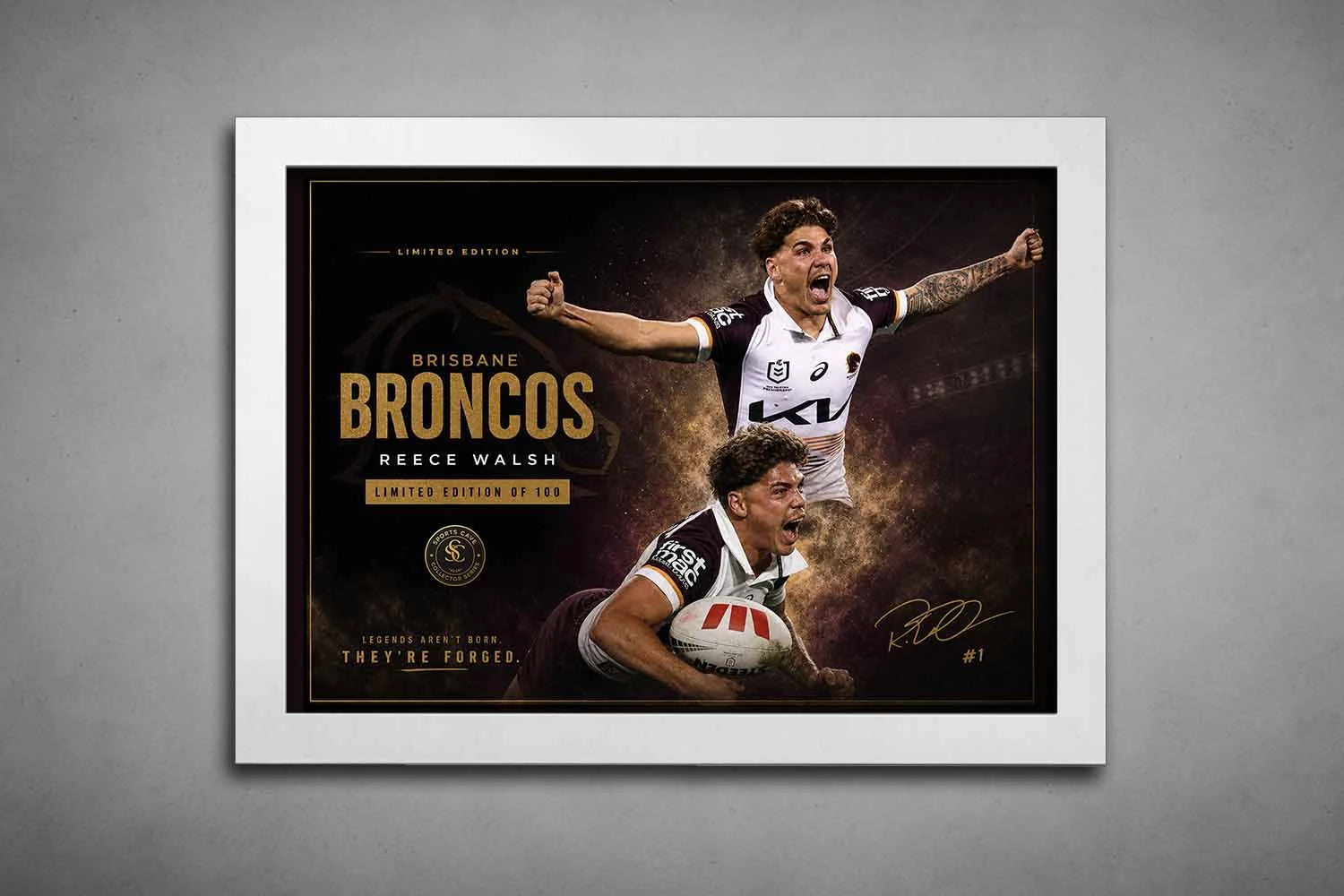 Reece Walsh Brisbane Broncos action artwork in white frame, premium rugby league sports wall art for modern interiors