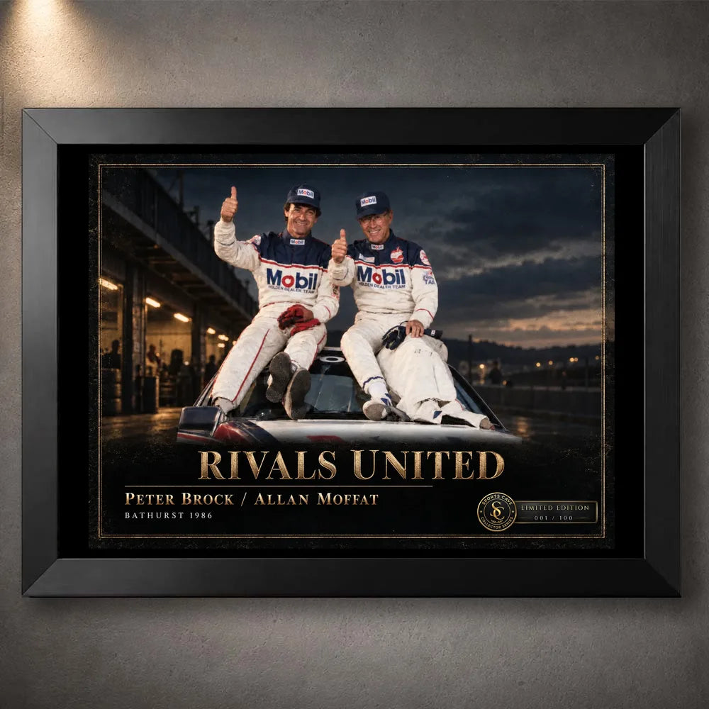Black framed Peter Brock and Allan Moffat motorsport wall art featuring the Rivals United design.