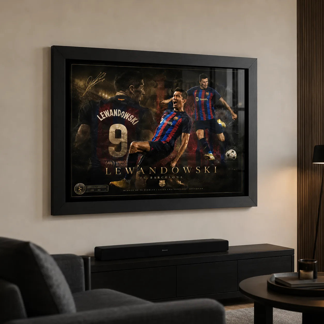 Robert Lewandowski soccer wall art in a black frame styled in a premium living room above a media unit.