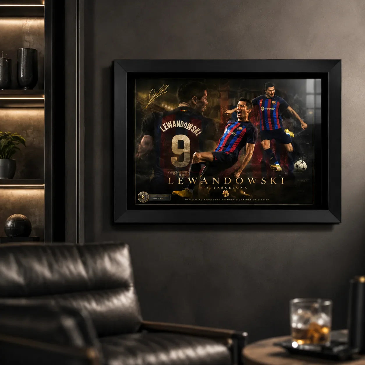 Robert Lewandowski wall art in a black frame displayed on a dark man cave wall with warm shelf lighting.