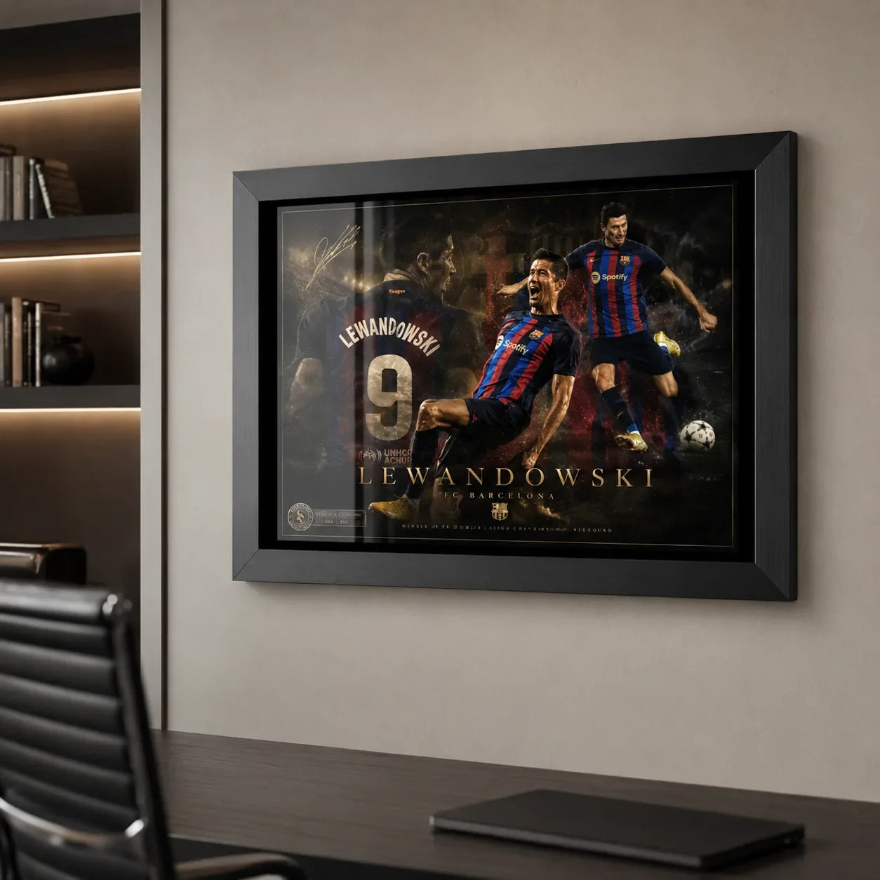 Black framed Robert Lewandowski wall art displayed in a refined office setting with neutral wall tones.