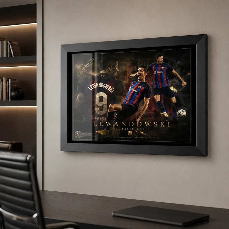 Black framed Robert Lewandowski wall art displayed in a refined office setting with neutral wall tones.