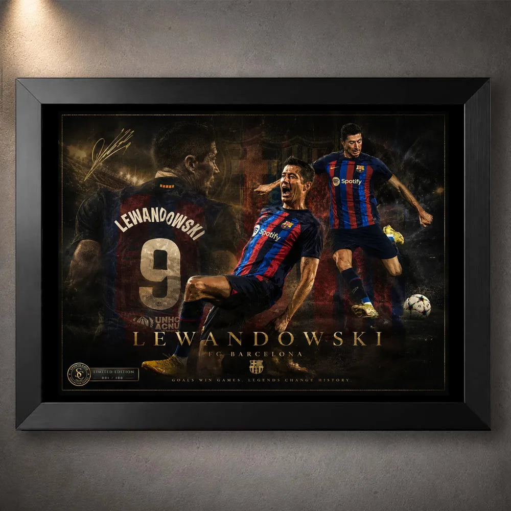 Robert Lewandowski wall art in a black frame, showing a dark FC Barcelona soccer tribute design.