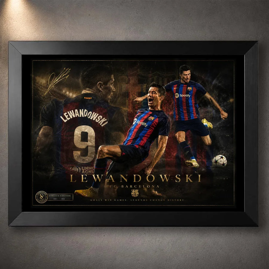 Robert Lewandowski wall art in a black frame, showing a dark FC Barcelona soccer tribute design.
