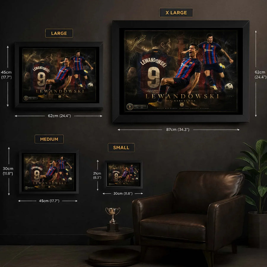Robert Lewandowski wall art size guide showing framed small, medium, large and extra large options.