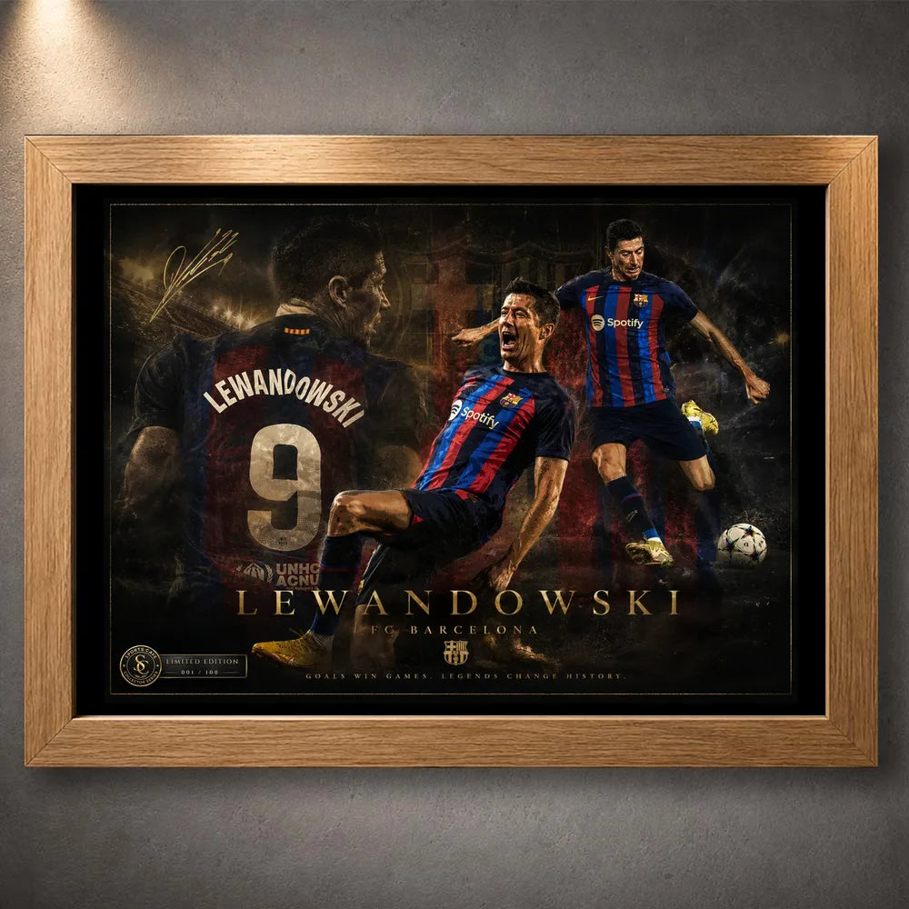 Robert Lewandowski wall art in an oak frame, featuring a dark FC Barcelona soccer tribute design.