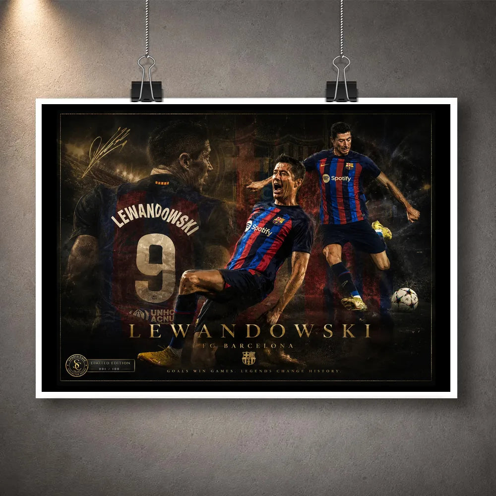 Unframed Robert Lewandowski soccer wall art print displayed with a clean white border and hanging clips.
