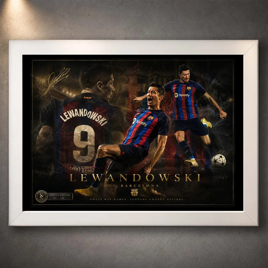 Robert Lewandowski wall art in a white frame, featuring a dark FC Barcelona soccer tribute design.
