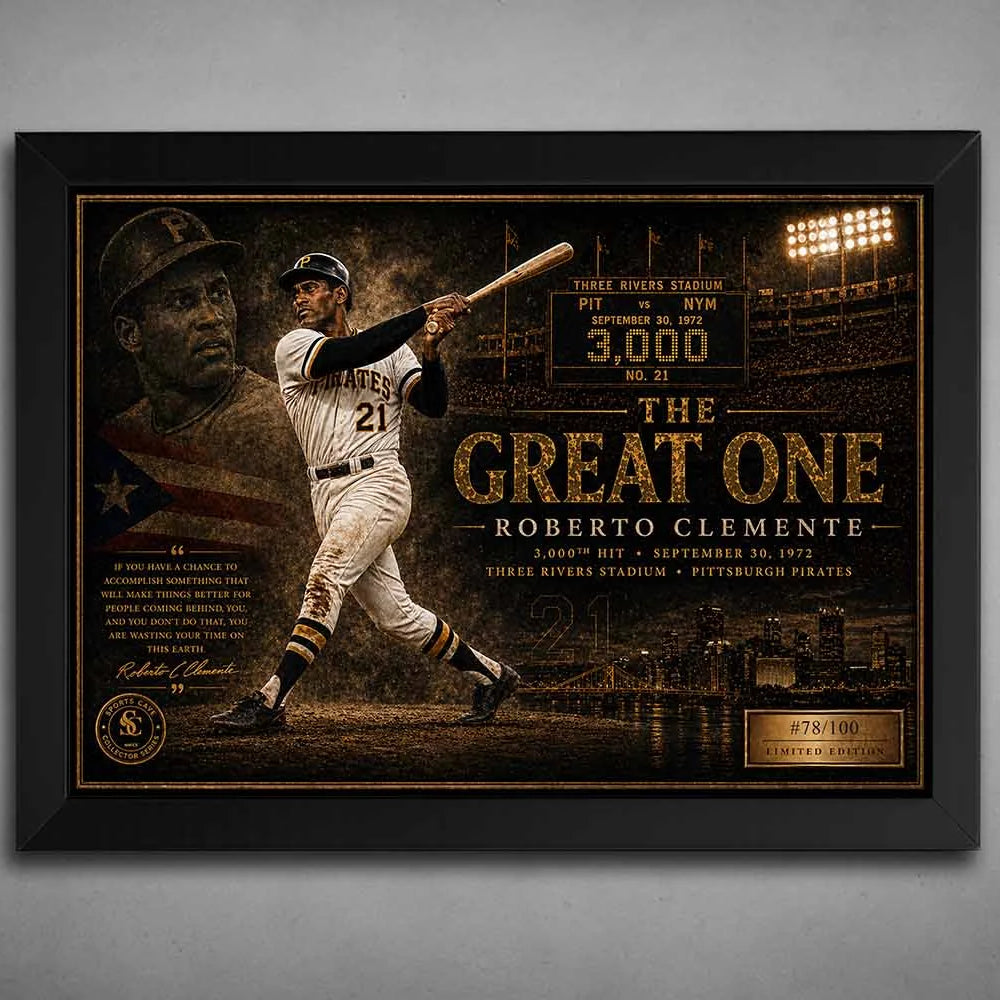 Roberto Clemente black framed sports wall art featuring his Pirates legacy and 3,000th hit milestone artwork.