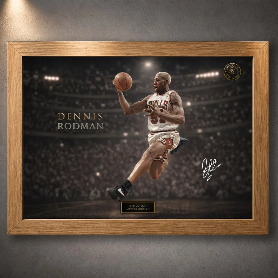 Dennis Rodman basketball wall art shown in an oak frame with arena artwork, signature detail and edition plaque.