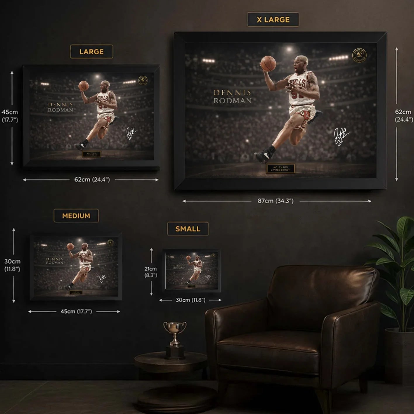 Dennis Rodman framed basketball wall art size guide showing Small, Medium, Large and XL frame dimensions.