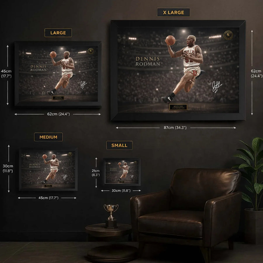Dennis Rodman framed basketball wall art size guide showing Small, Medium, Large and XL frame dimensions.