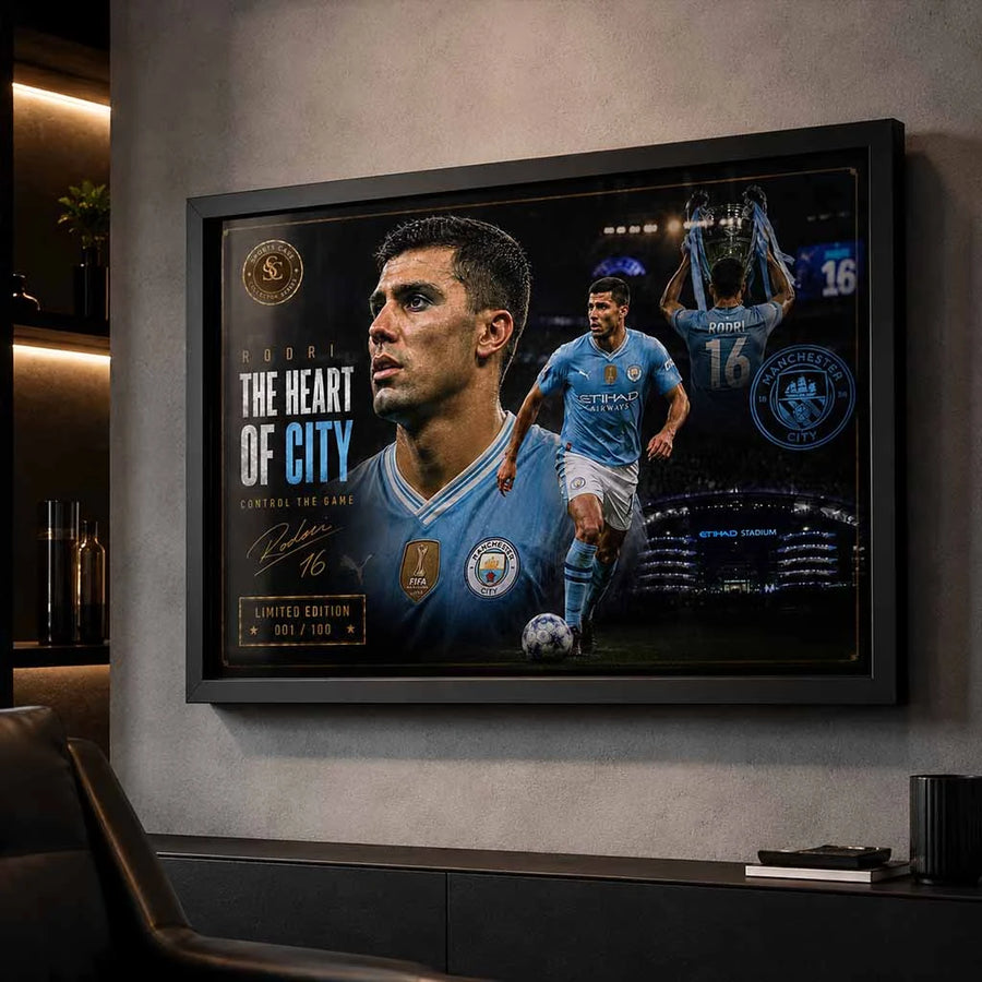 Rodri Manchester City sports wall art displayed in a luxury man cave wall décor setup with warm lighting.