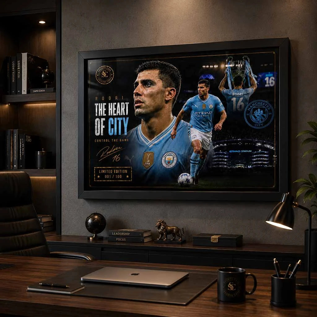 Premium Rodri Manchester City framed sports art showcased in a modern office with football-inspired décor.