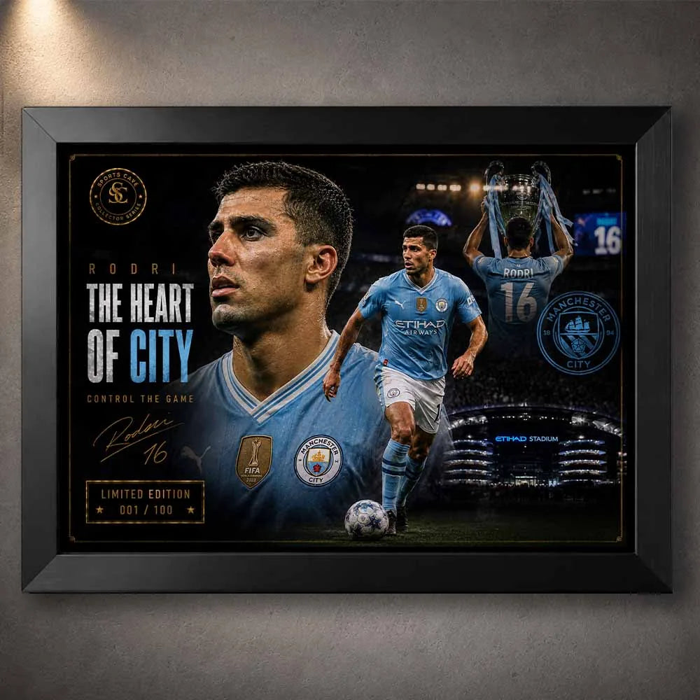 Rodri Manchester City framed sports memorabilia with black frame design celebrating the heart of City midfield.