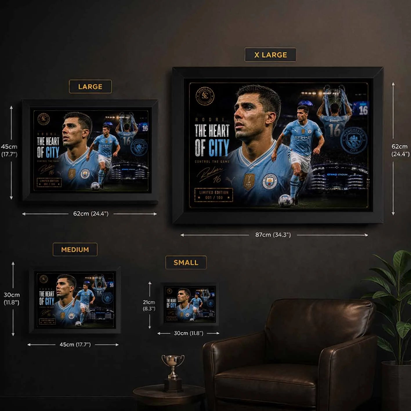 Rodri Manchester City framed sports wall art sizing guide showing small, medium, large and extra large options.