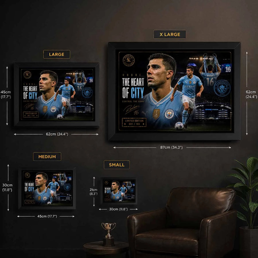 Rodri Manchester City framed sports wall art sizing guide showing small, medium, large and extra large options.