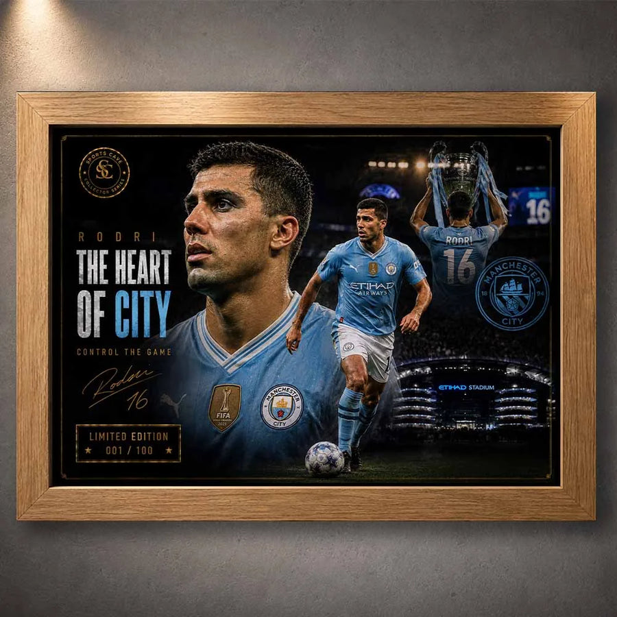 Rodri Manchester City premium sports collectibles artwork displayed in an elegant oak wood frame mockup.