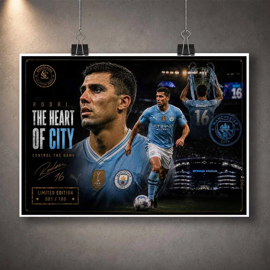 Unframed Rodri Manchester City limited edition sports prints featuring Champions League celebration artwork.