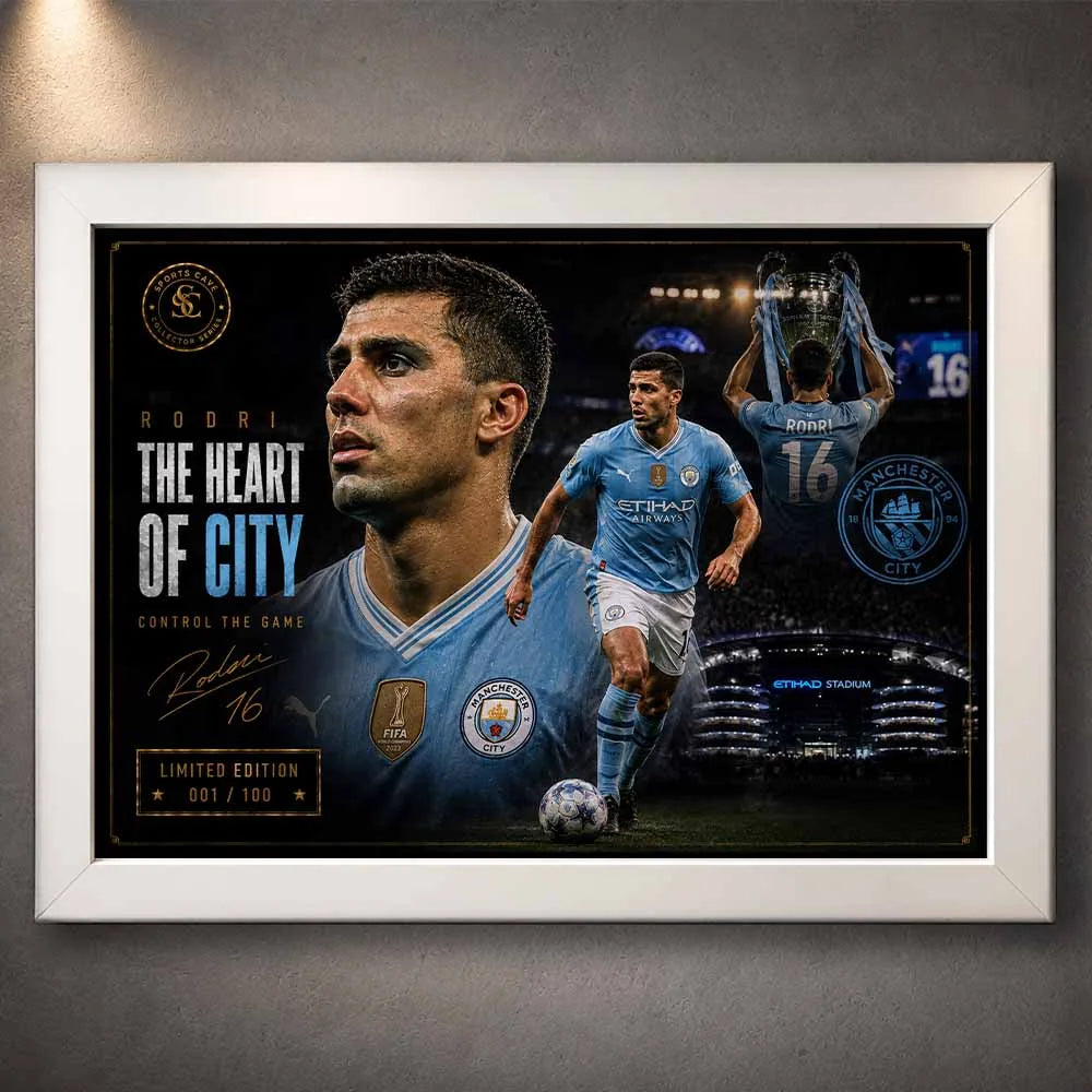 Rodri Manchester City framed sports wall art in a white frame featuring Champions League glory and iconic Etihad imagery.