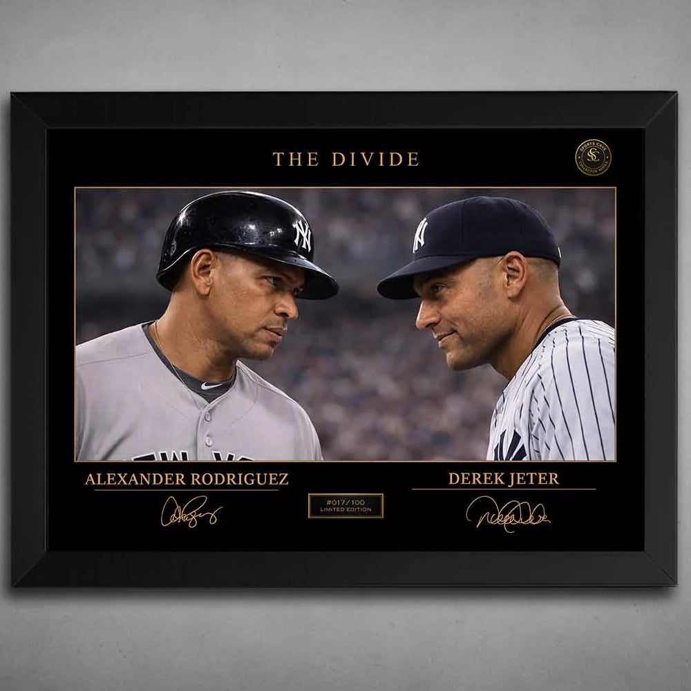 A black frame highlights The Divide rivalry between Alex Rodriguez and Derek Jeter, framed sports memorabilia for collectors.