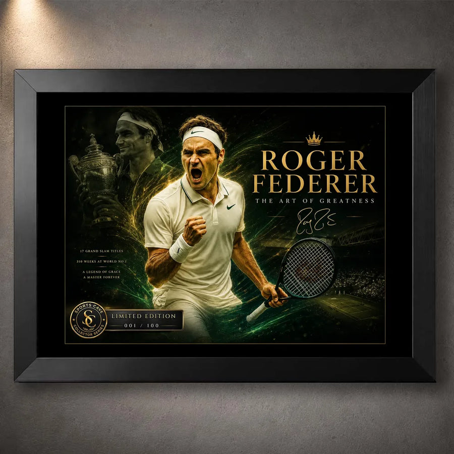 Tennis wall art in a black frame with green court-style energy and collector artwork details.
