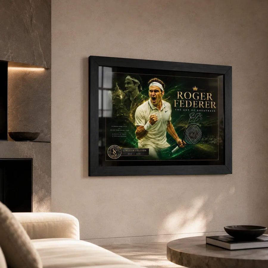 Black framed tennis wall art displayed in a premium neutral living room above a cream sofa.