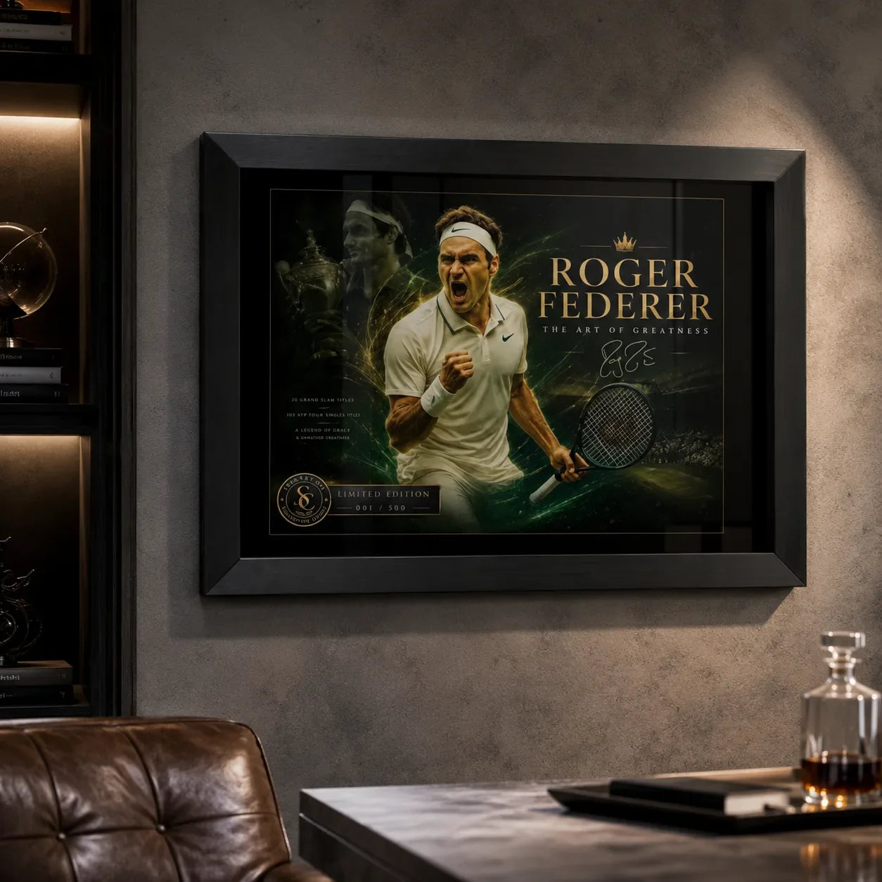 Tennis wall art in a black frame on a textured man cave wall with shelves and leather seating.