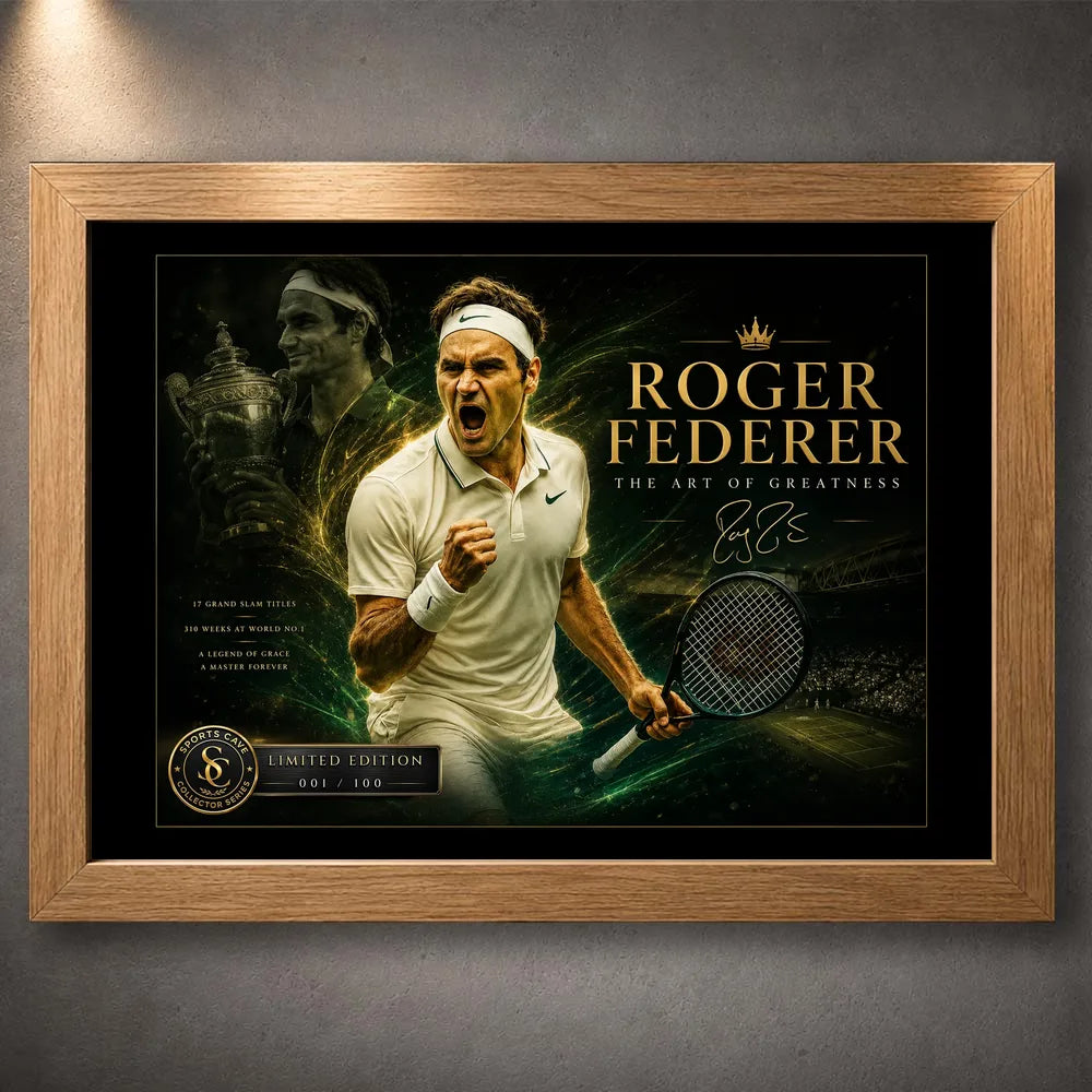 Tennis wall art shown in an oak frame with black matting on a textured grey wall.