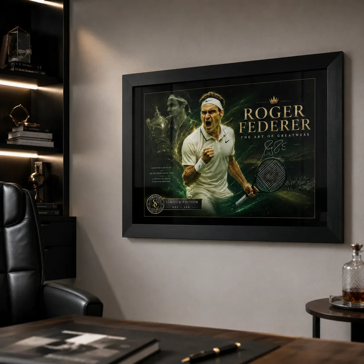 Premium office lifestyle mockup with framed tennis wall art, shelving and desk setting.