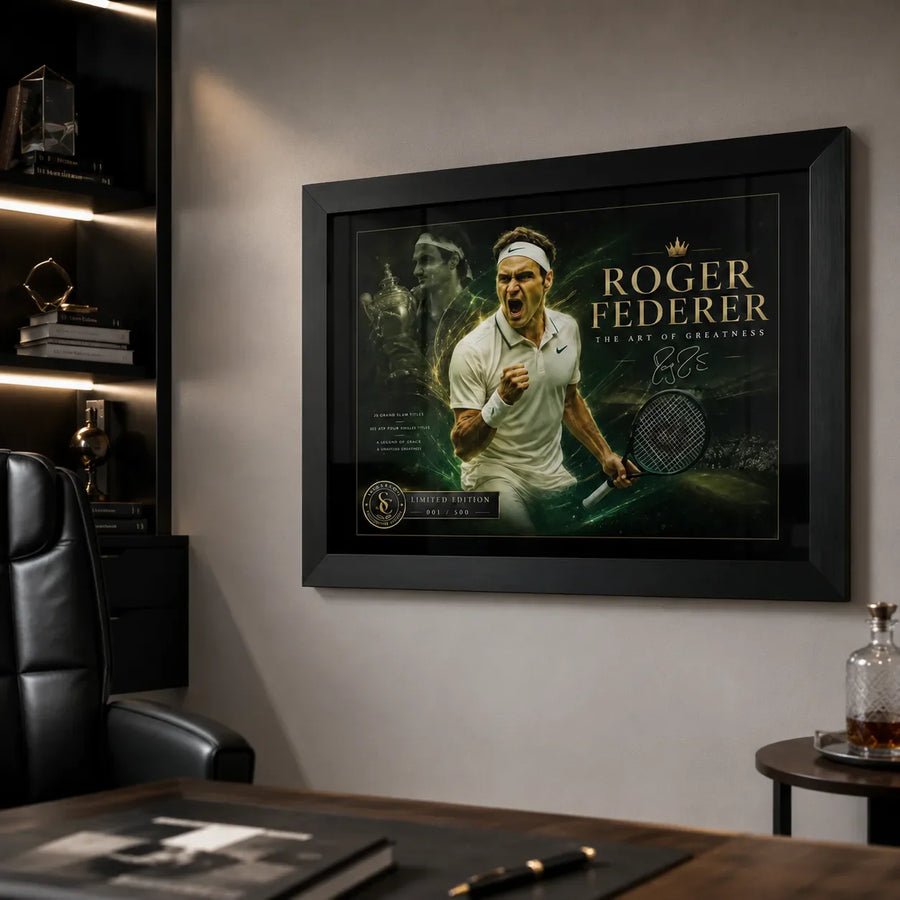 Premium office lifestyle mockup with framed tennis wall art, shelving and desk setting.