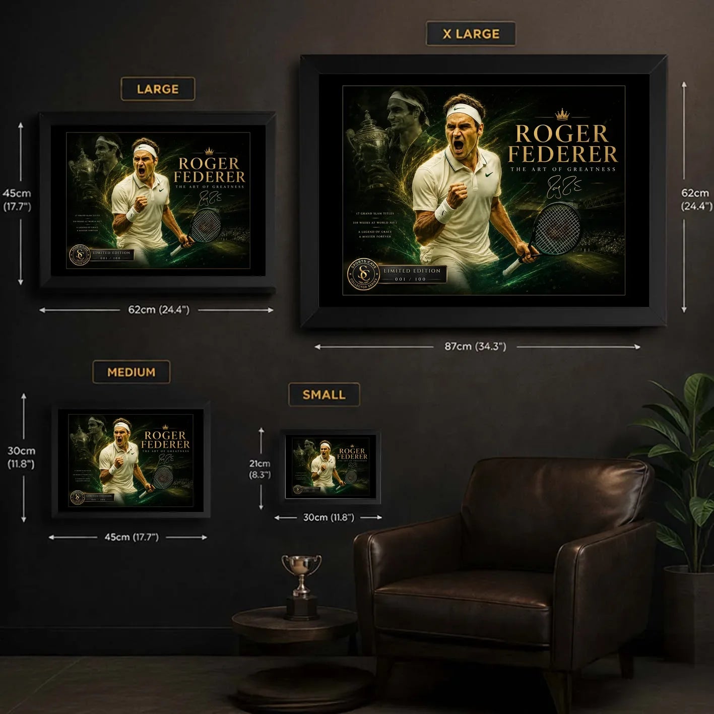 Framed tennis wall art size guide showing S, M, L and XL options with cm and inch measurements.