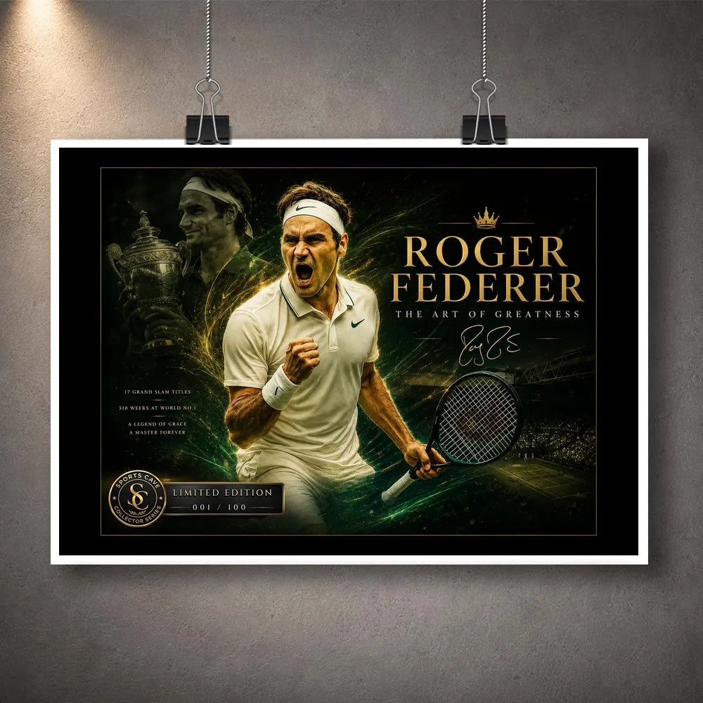 Unframed tennis wall art print hanging with clips on a textured grey wall.