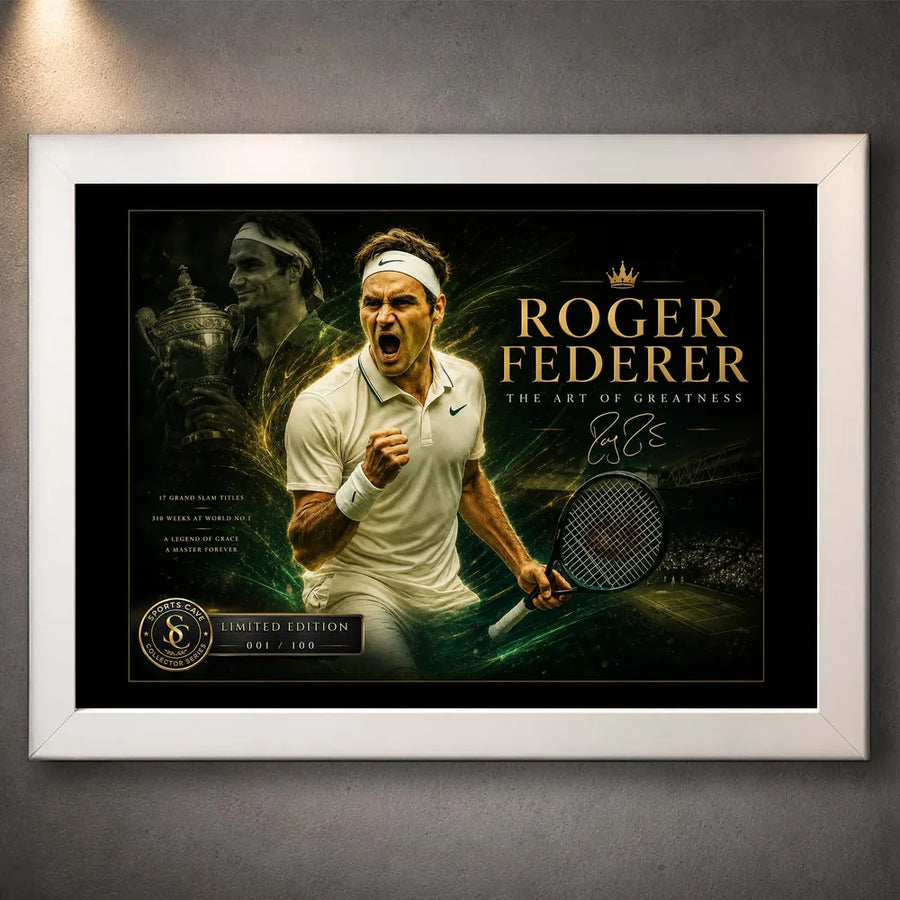 Tennis wall art shown in a white frame with black matting on a textured grey wall.