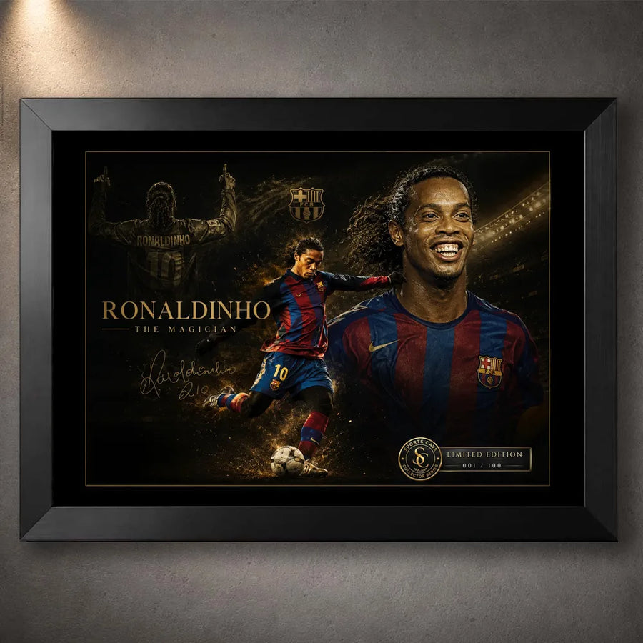 Ronaldinho wall art in a black frame, showing the football legend in a dark collector-style design.
