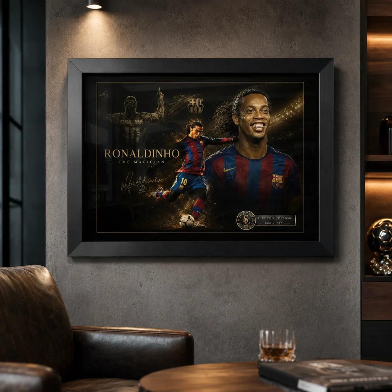 Ronaldinho wall art in a black frame on a concrete fan lounge wall with seating nearby.