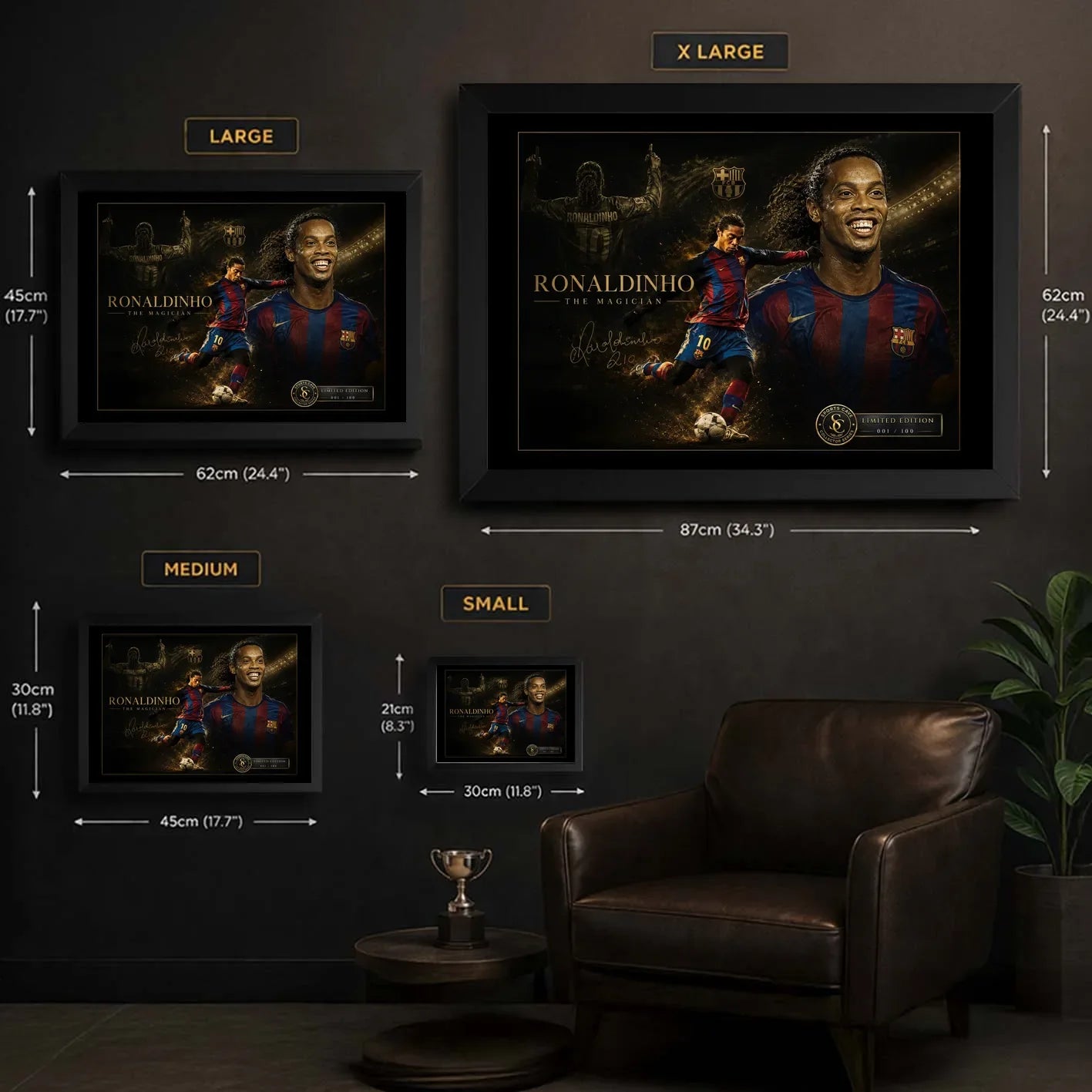 Ronaldinho framed wall art size guide showing small, medium, large and XL frame dimensions.