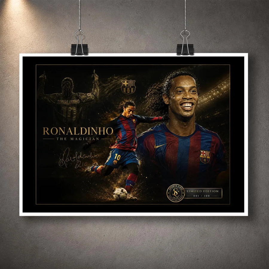 Unframed Ronaldinho art print hanging with clips, showing the football legend in a dark soccer design.